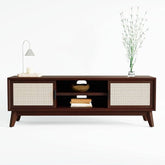 ONIJA  Premium Solid Wood TV Stand,Solid Wood Rattan Cane Tv Cabinet for Living Room & Bed Room Furniture, Wooden TV Entertainment Unit - WALNUT FINISH